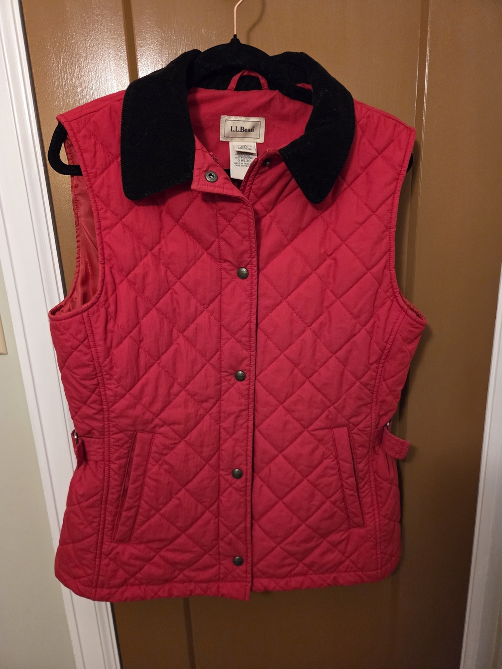 L.L. Bean Women's Quilted Red Vest with Black Collar
